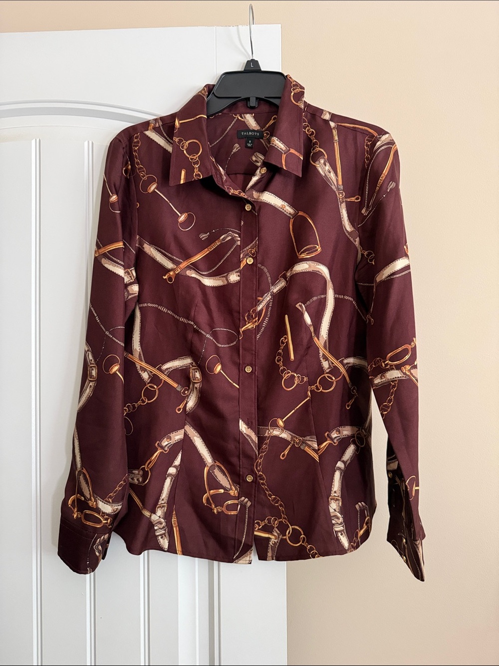 Talbots Equestrian Print Button Down Blouse Burgundy Horse Bit Chain Shirt Sz 8